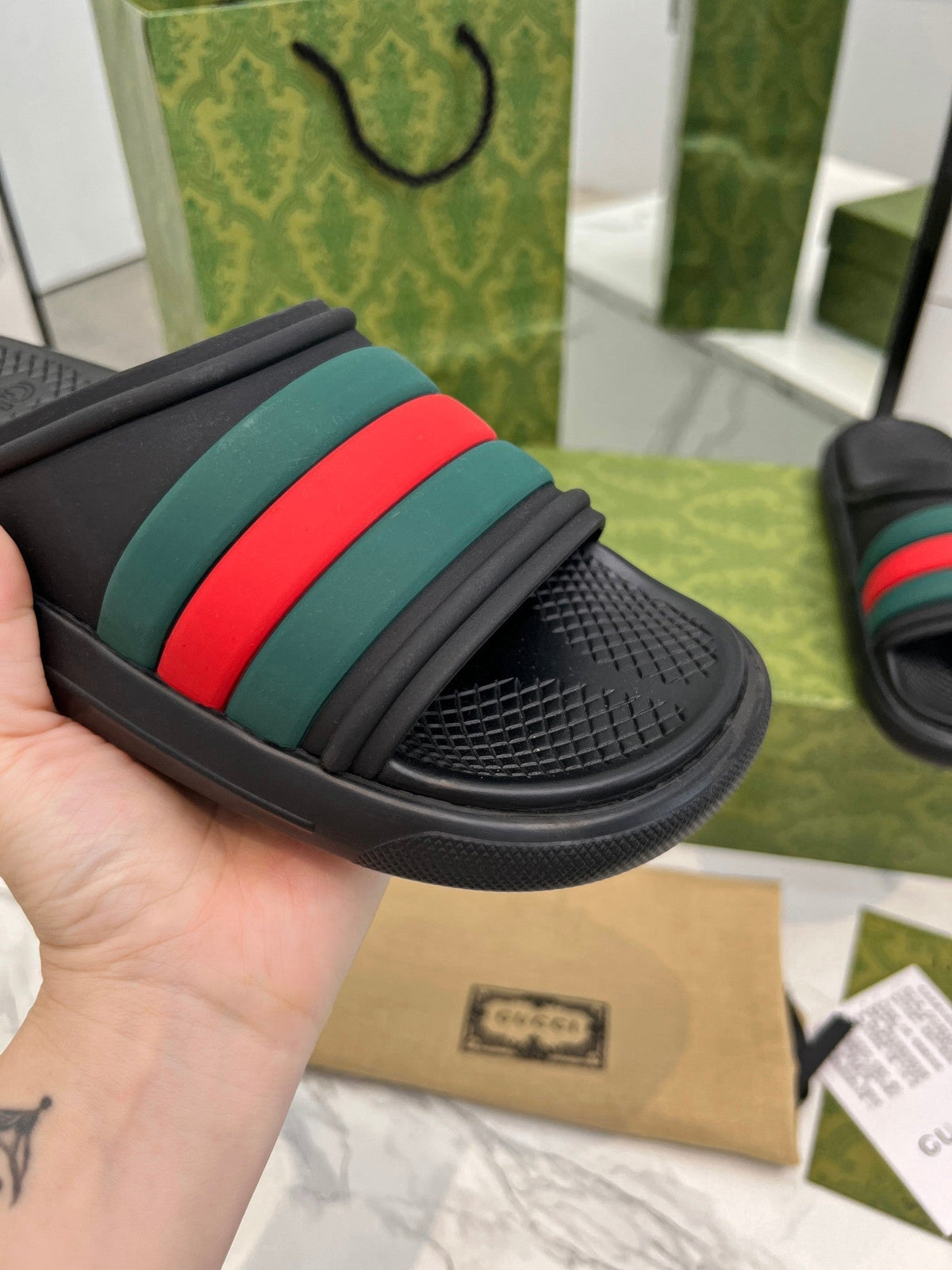 PLATFORM SLIPPERS IN BLACK MIX GREEN AND RED IMPORTED TPU