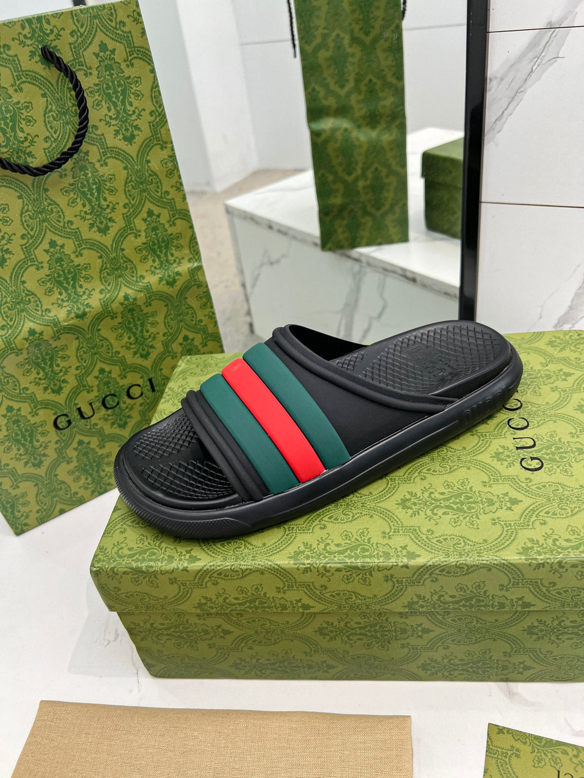 PLATFORM SLIPPERS IN BLACK MIX GREEN AND RED IMPORTED TPU