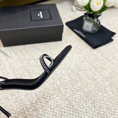 SL GEORGIA WHITE CRYSTAL SANDALS PUMP BLACK SATIN