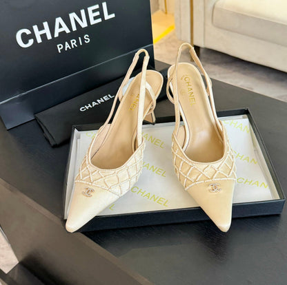 POINTED SLINGBACK MID HEELS BEIGE CREAM LAMBSKIN