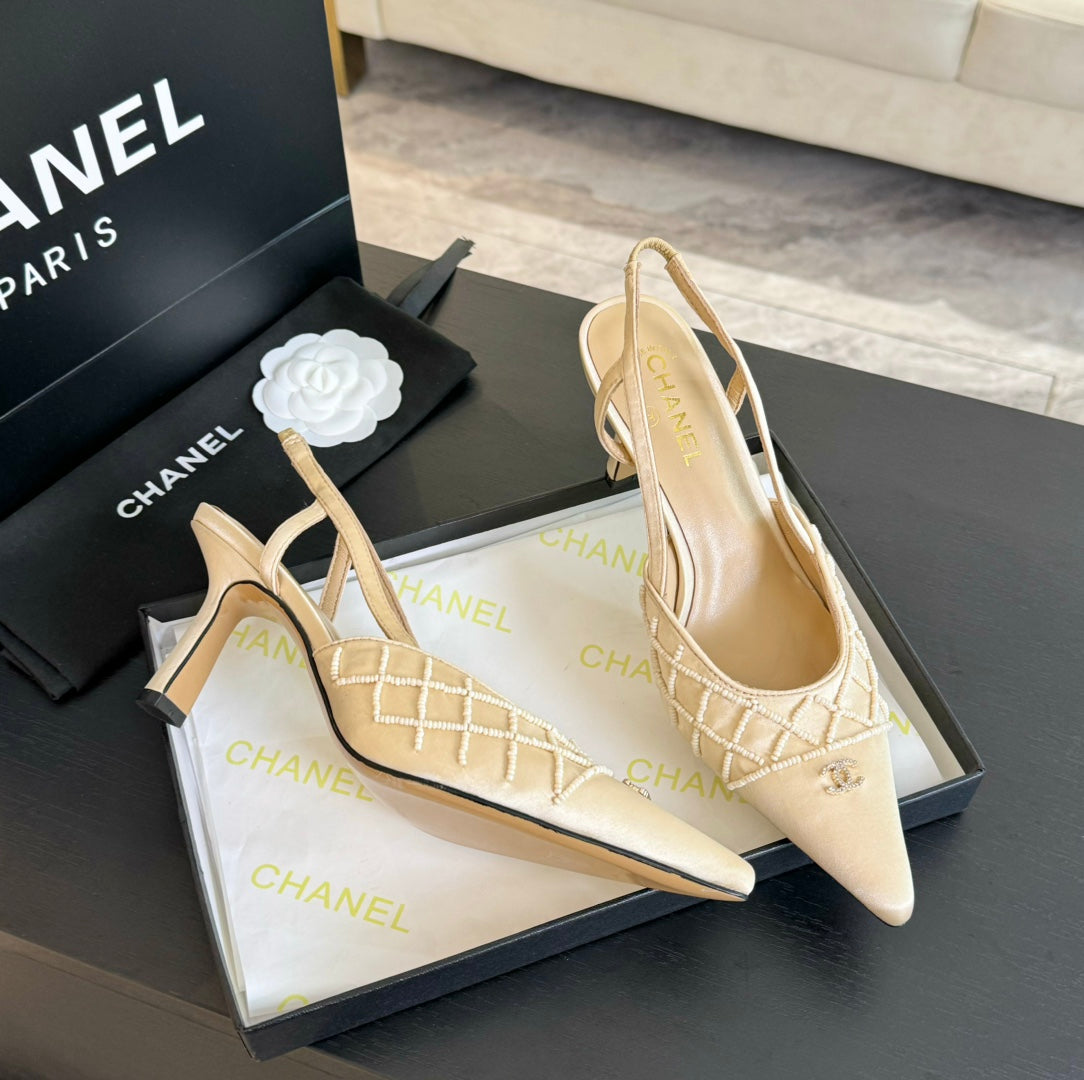 POINTED SLINGBACK MID HEELS BEIGE CREAM LAMBSKIN