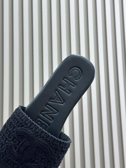 CC WOVEN SLIPPERS BLACK COWHIDE SOLE
