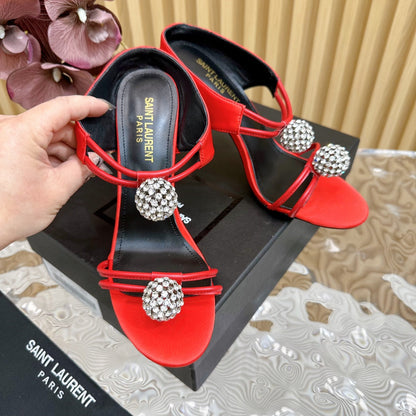 SL POM CIRCLE CRYSTAL HEELED SANDALS RED SATIN