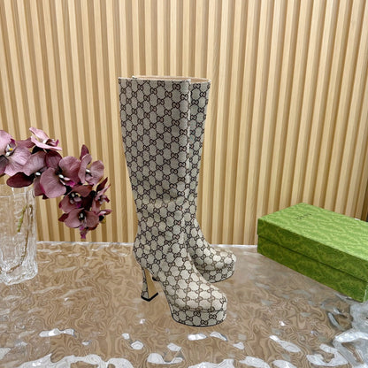 PLATFORM KNEE BOOTS IN ECRU BEIGE MONOGRAM CANVAS AND SHEEPSKIN LINING