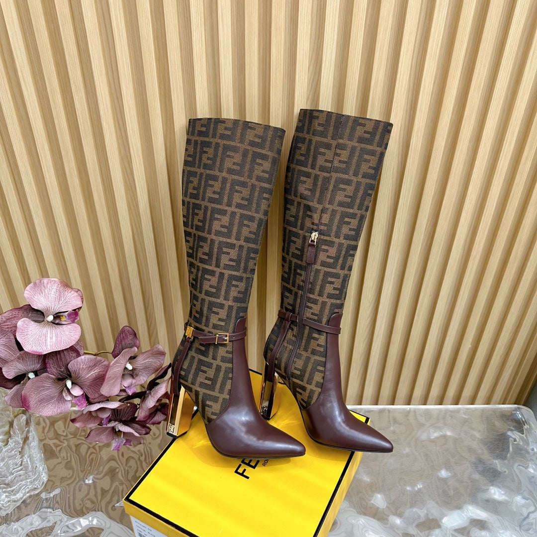 FF BOOTIES HIGH BOOTS IN SANGRIA PURPLE CALFSKIN AND MEDIUM BROWN MONOGRAM FF FABRIC