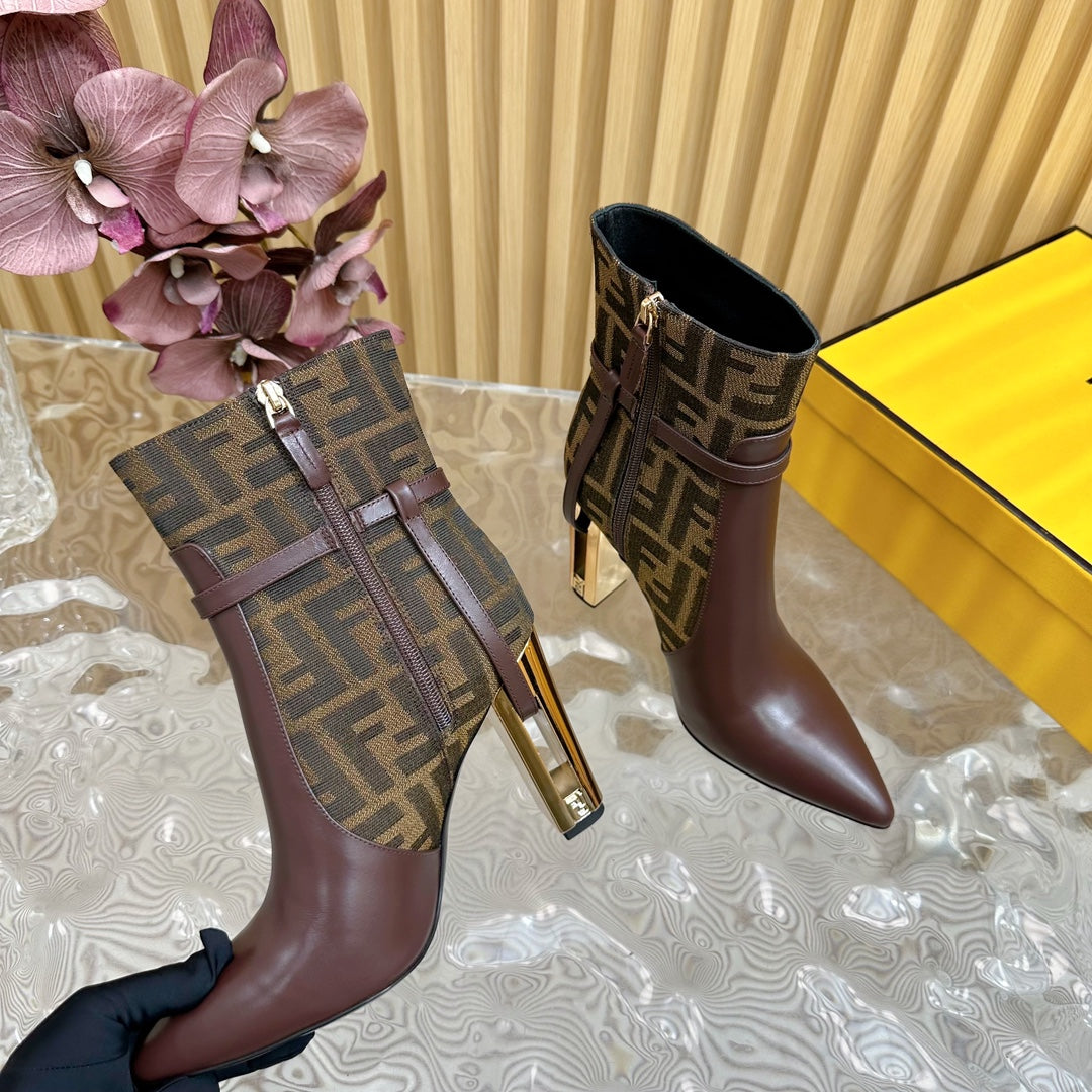 FF BOOTIES BOOTS IN SANGRIA PURPLE CALFSKIN AND MONOGRAM FF FABRIC