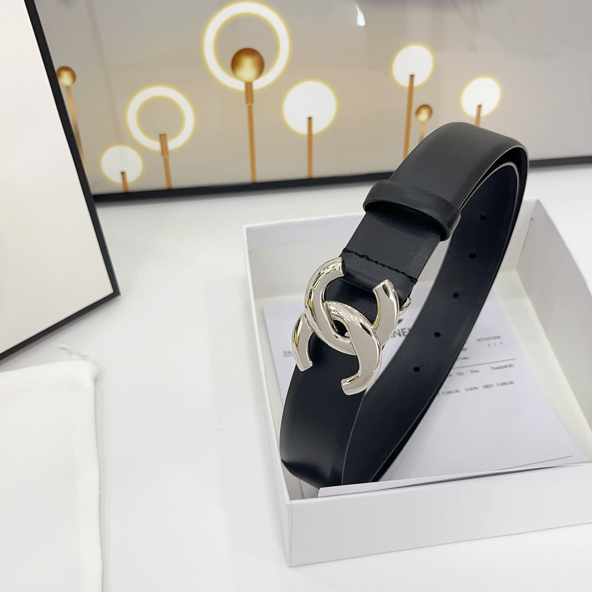 DOUBLE C BELT 30MM IN BLACK CALFSKIN WITH SHINY SILVER BUCKLE