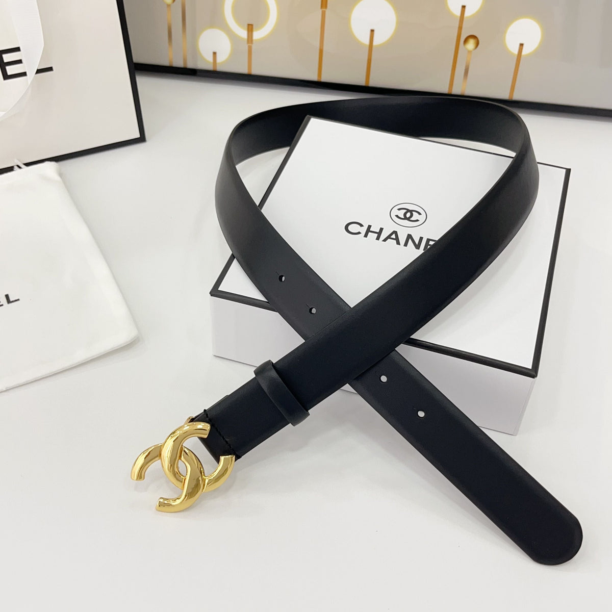 DOUBLE C BELT 30MM IN BLACK CALFSKIN WITH SHINY GOLD BUCKLE