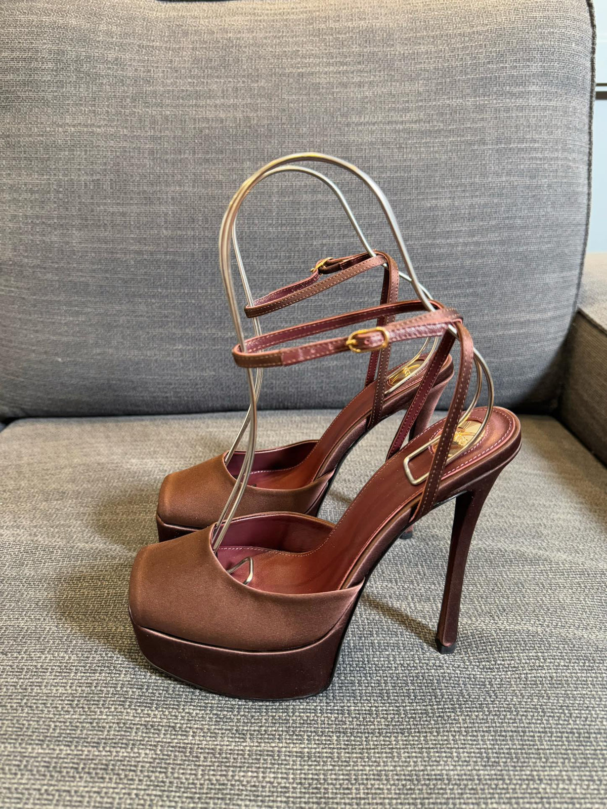 LA SCANDALE PLATFORM SANDALS IN DARK CAPPUCCINO SATIN