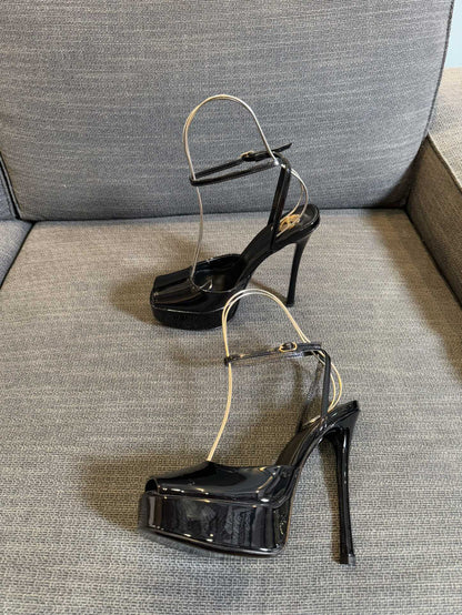 LA SCANDALE PLATFORM SANDALS IN BLACK GLOSSY CALFSKIN