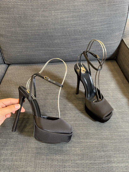 LA SCANDALE PLATFORM SANDALS IN TAUPE BROWN SATIN