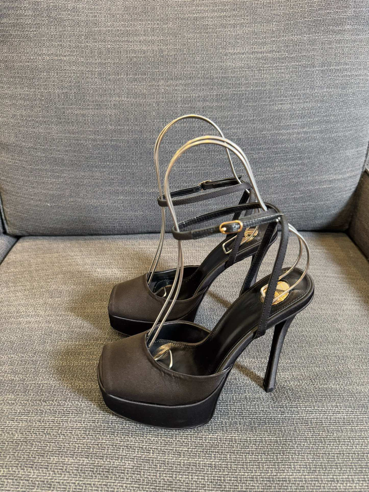 LA SCANDALE PLATFORM SANDALS IN TAUPE BROWN SATIN