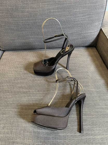 LA SCANDALE PLATFORM SANDALS IN TAUPE BROWN SATIN