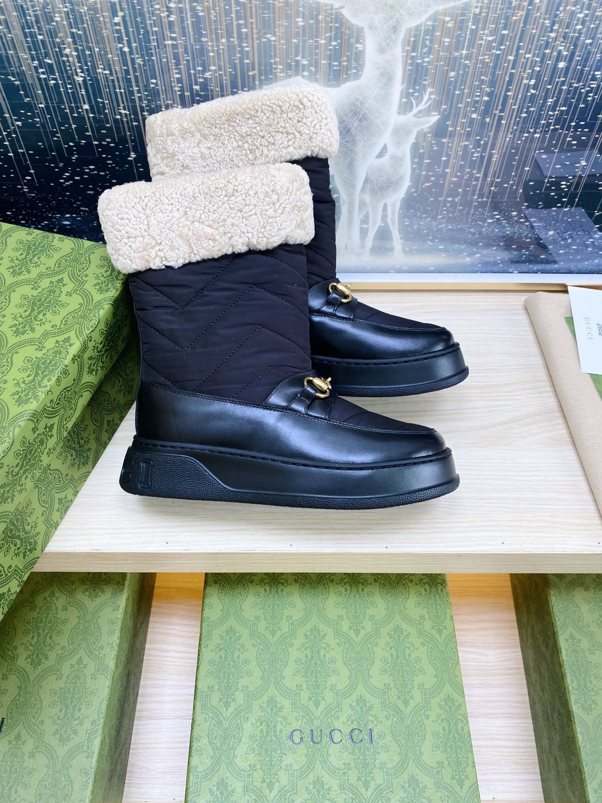 HORSEBIT ANKLE BOOTS WITH MERINO TRIM IN BLACK NYLON MIX CALFSKIN