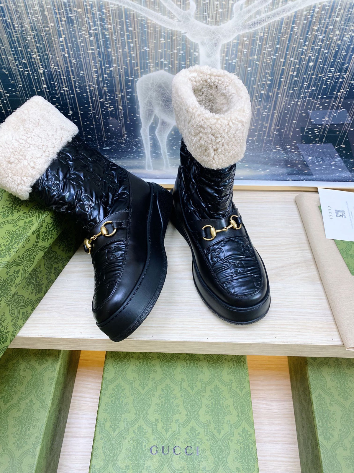 HORSEBIT ANKLE BOOTS WITH MERINO TRIM IN BLACK EMBOSSED CALFSKIN