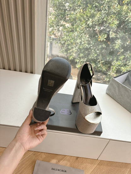 PLATFORM ANKLE STRAP HEELS IN BEIGE METALLIC ATTACHED RHINESTONES CALFSKIN
