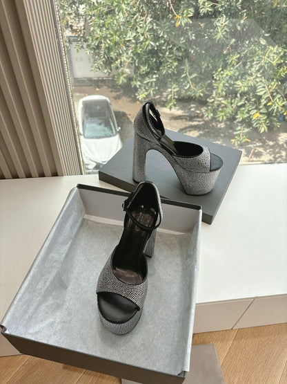 PLATFORM ANKLE STRAP HEELS IN BLACK ATTACHED RHINESTONES CALFSKIN