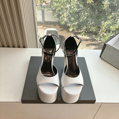 PLATFORM ANKLE STRAP HEELS IN WHITE SMOOTH CALFSKIN