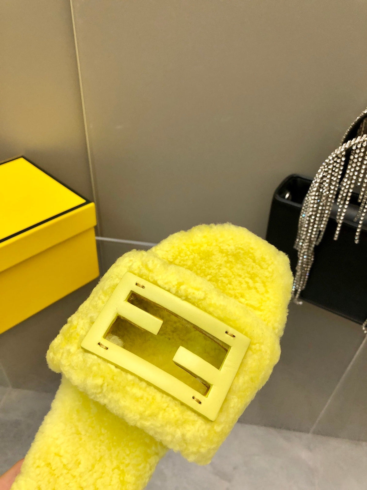 FENDI BAGUETTE SLIDE SLIPPERS IN BRIGHT YELLOW WOOL