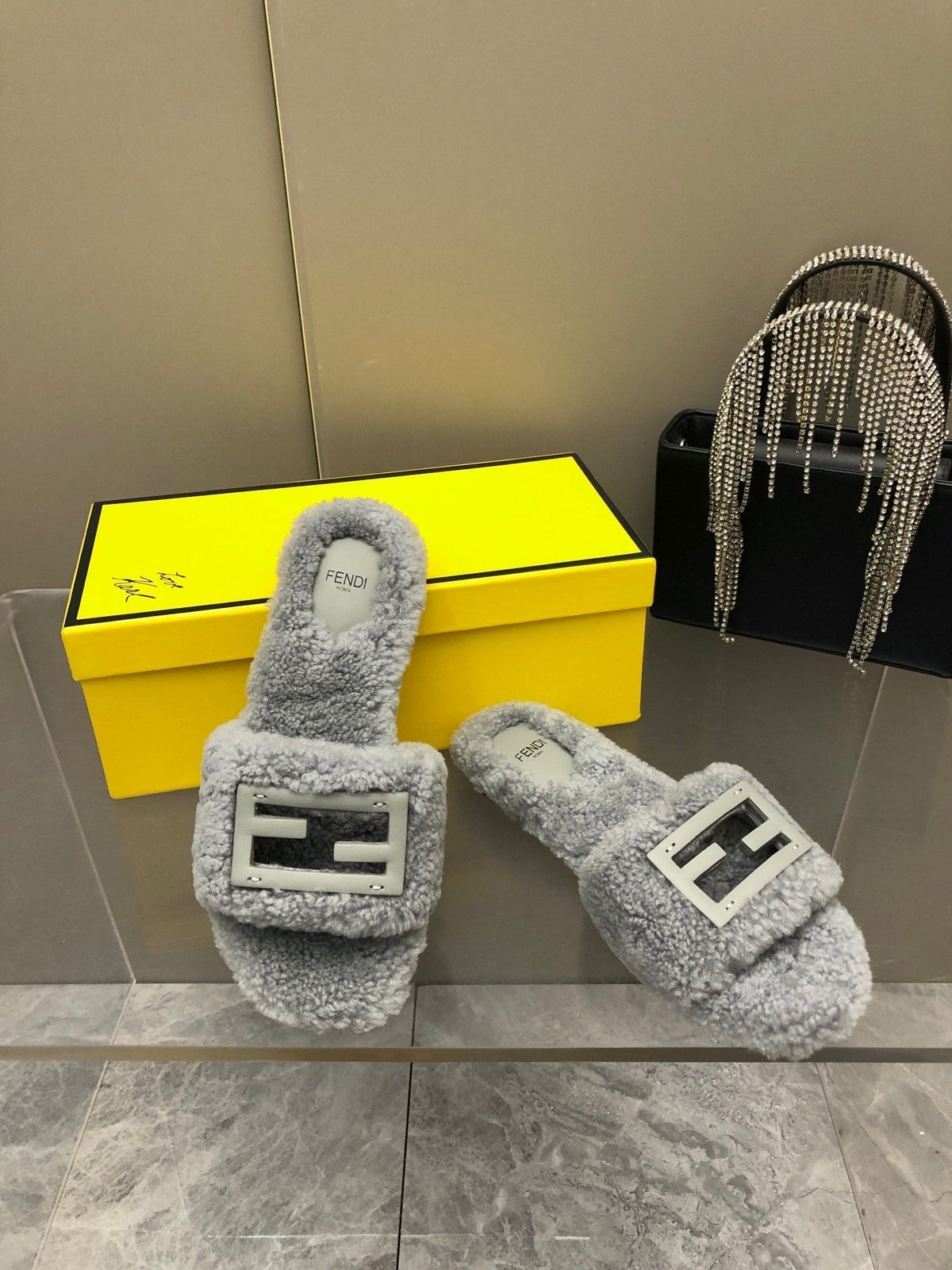 FENDI BAGUETTE SLIDE SLIPPERS IN GREY WOOL