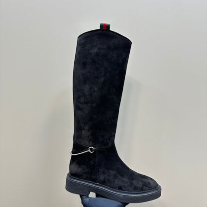 SLIM HORSEBIT KNEE BOOTS WITH WEB IN BLACK SUEDE