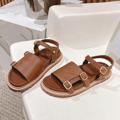 FLAT SANDALS IN RUST BROWN TRIOMPHE EMBOSSED SMOOTH CALFSKIN