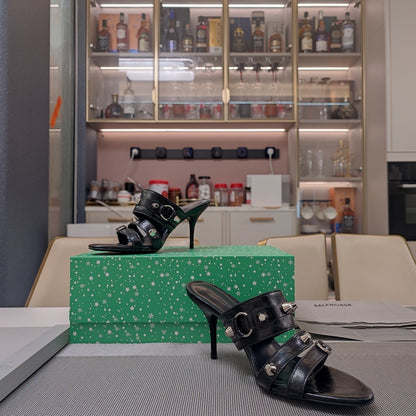 STRAPPY HIGH-HEELED SANDALS IN BLACK STUDDED WAX-OIL SHEEPSKIN
